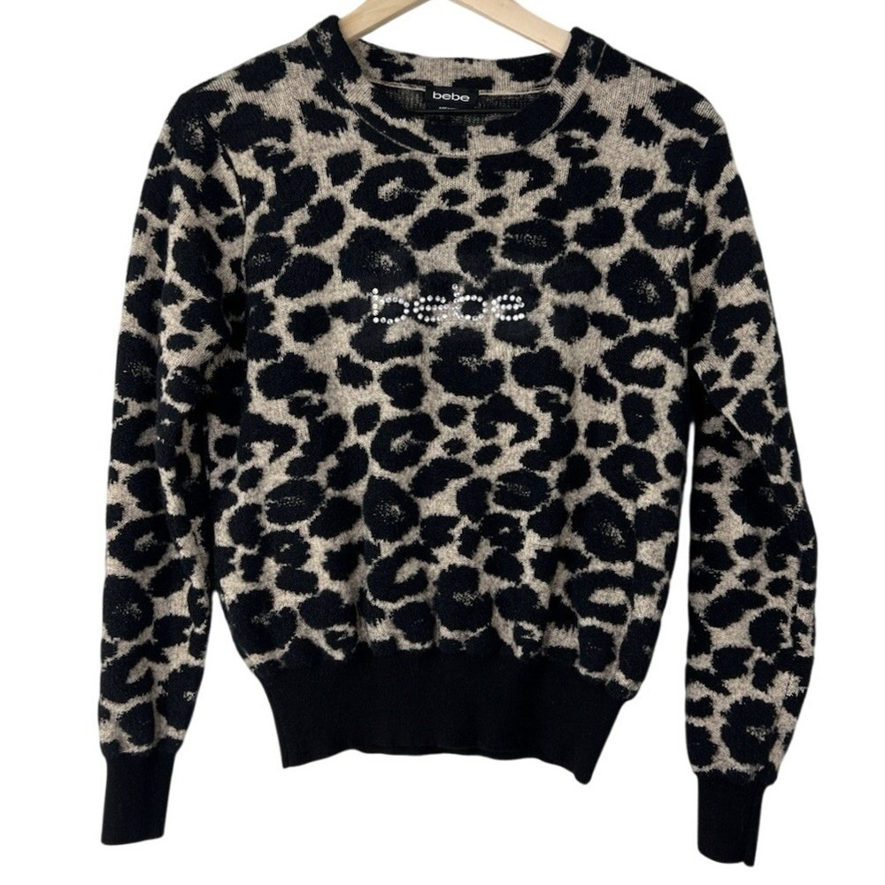 Bebe Womens Leopard Print Rhinestone Logo Knit Sweater Tan Black Large